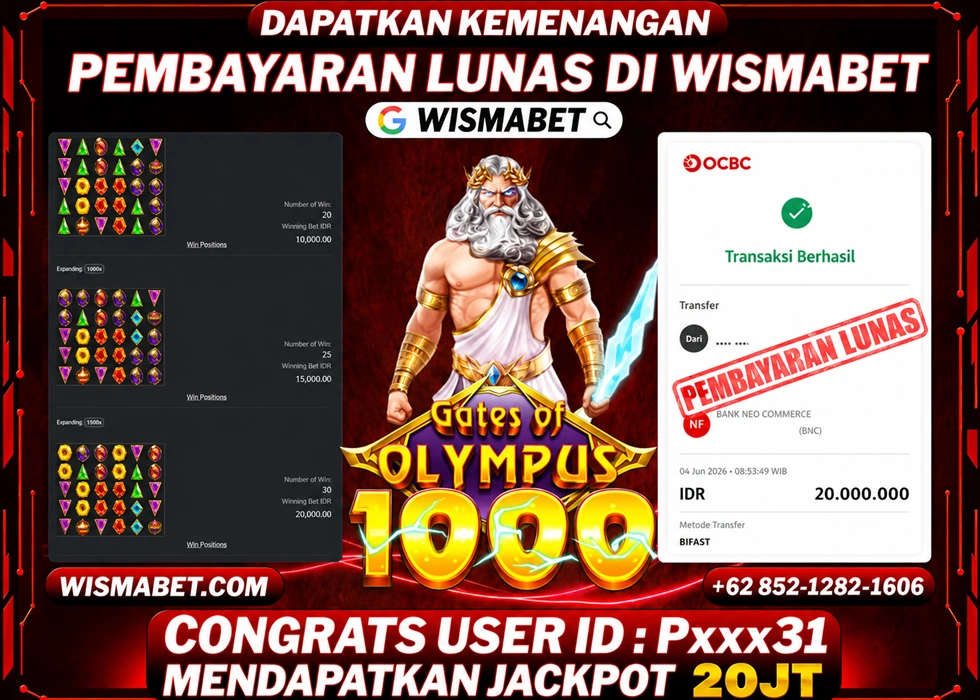 WISMABET - BUKTI KEMENANGAN JACKPOT Gates of Olympus 1000 Rp20,000,000,- LUNAS